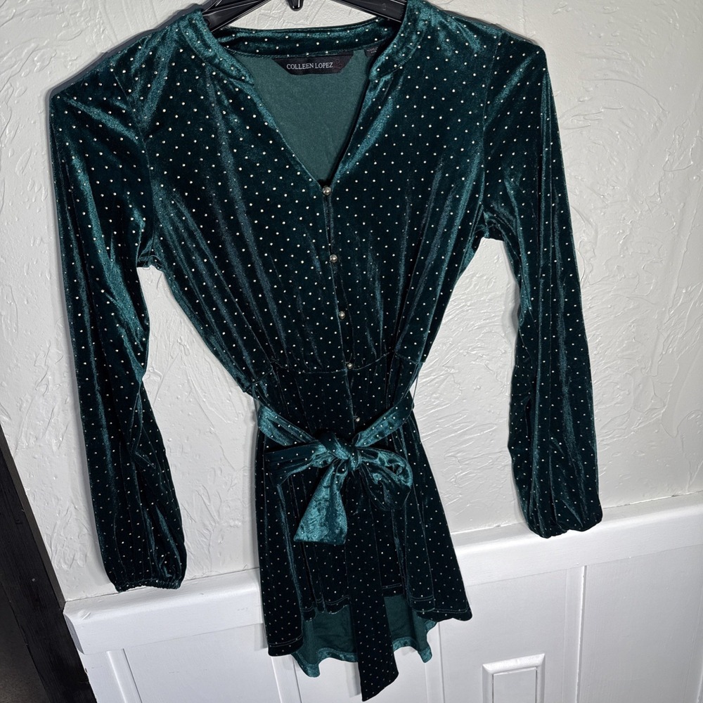 Colleen Lopez Belted Velvet Tunic Forest Green W/Gold Dots WMN XXS Stretch Knit